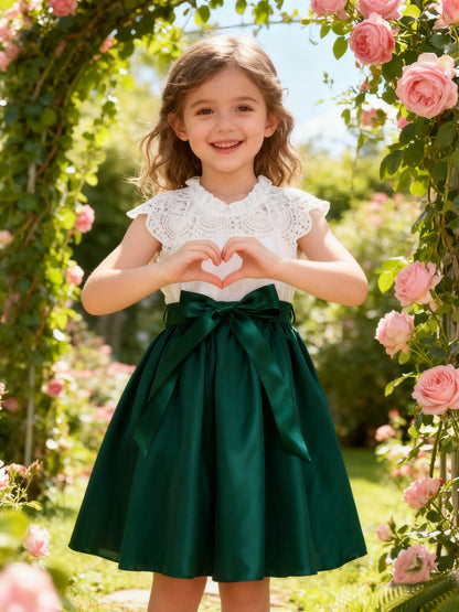 Summer Two-Piece Set for Girls Aged 2 Years, Featuring a Solid Color Woven Casual Dress with Lace Trim And a Matching Belt.