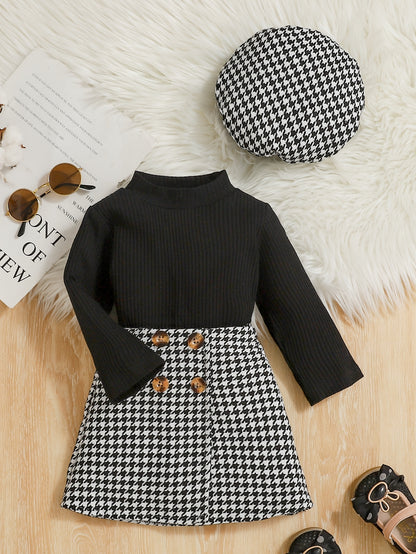 Girls' Three-Piece Set Ribbed Mid-Calf Long Sleeve Top + Houndstooth Skirt + Beret Hat, Perfect for Outdoor