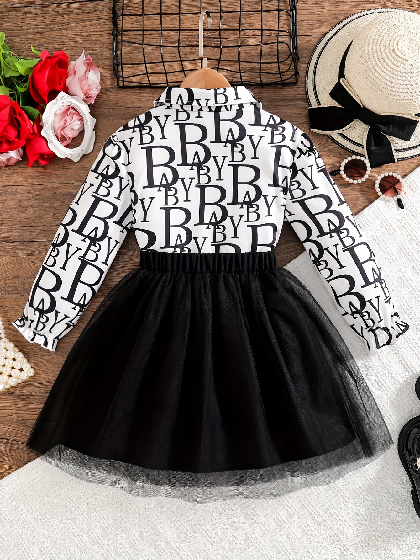 2pcs Set Girls' Trendy Long-Sleeve Shirt + Elastic Waist Mesh Skirt Spring/Autumn Fashion Street Style Letter Print Shirt with Bow Detail Short Dress Two-Piece Flounce Collar Button-Up Cardigan Puff Sleeve Princess Dress Soft