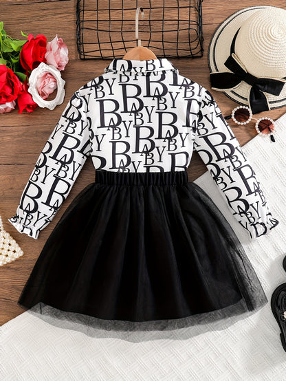 2pcs Set Girls' Trendy Long-Sleeve Shirt + Elastic Waist Mesh Skirt Spring/Autumn Fashion Street Style Letter Print Shirt with Bow Detail Short Dress Two-Piece Flounce Collar Button-Up Cardigan Puff Sleeve Princess Dress Soft