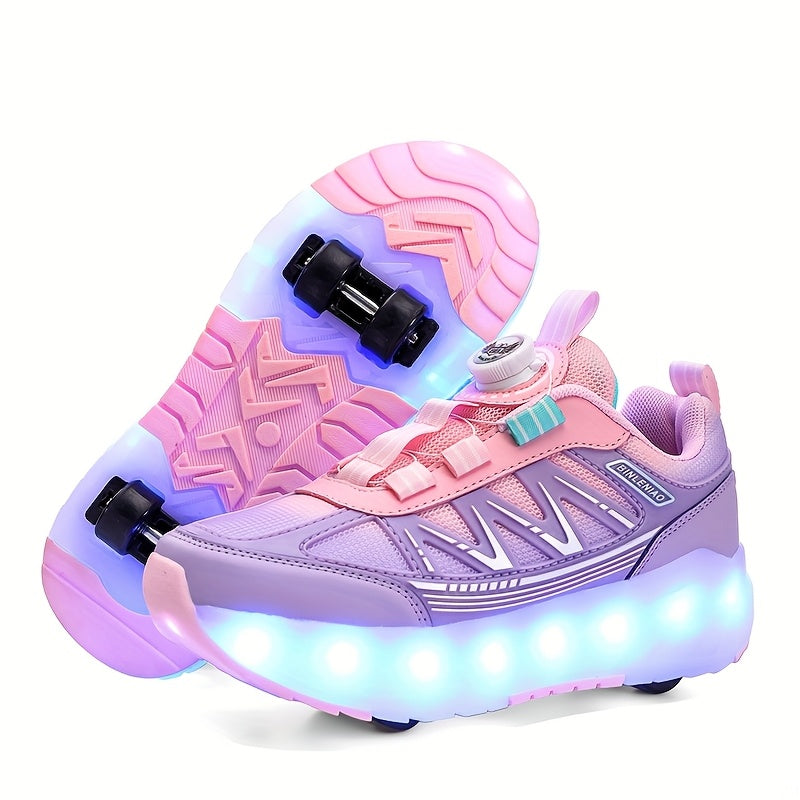 LED Light-Up Girls' Roller Skates with Rotating Brightness & Detachable Wheels - USB Rechargeable Low-Top Sneakers, Adjustable Straps, TPR Sole for All-Season Casual Sports & Rollerblading, Shoes for Girls, Sleek Shoe Design,