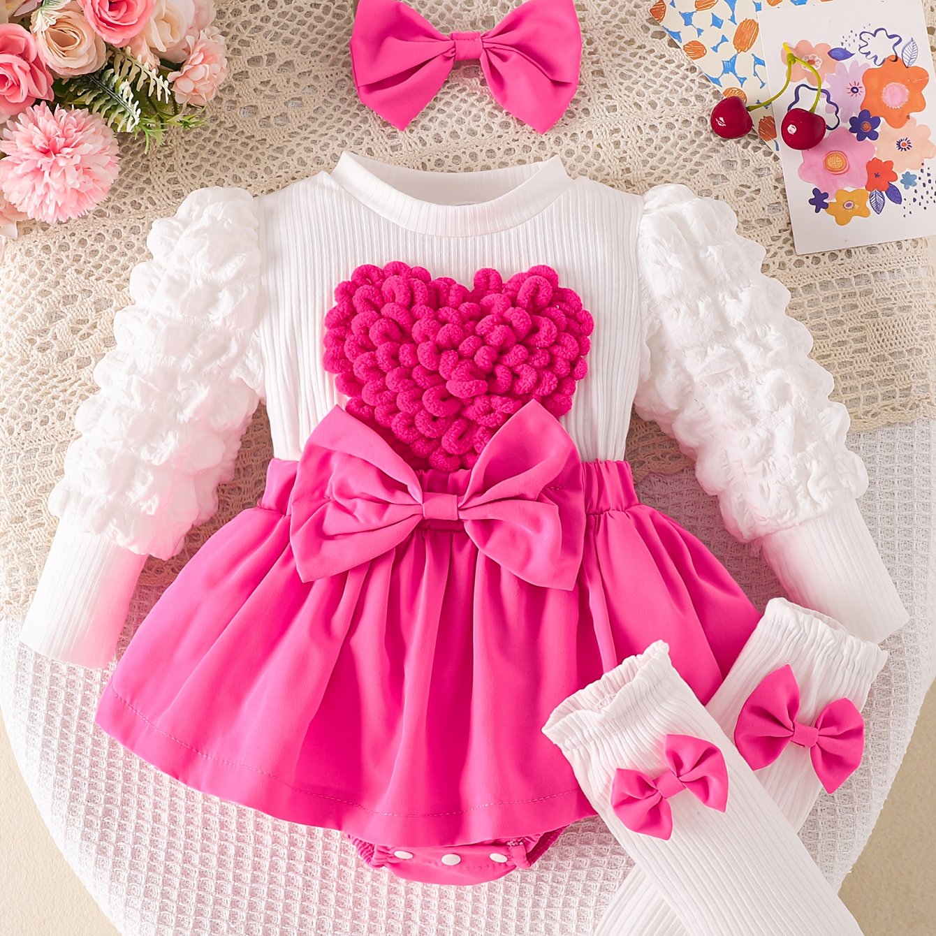Baby Girl'S Heart & Bow Print Bodysuit with Ruffled Sleeves & Bow Detail - Long Sleeve Winter Outfit, Soft Pink & Color Block, Perfect for Fall/Winter, for Outdoor