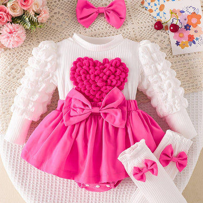 Baby Girl'S Heart & Bow Print Bodysuit with Ruffled Sleeves & Bow Detail - Long Sleeve Winter Outfit, Soft Pink & Color Block, Perfect for Fall/Winter, for Outdoor