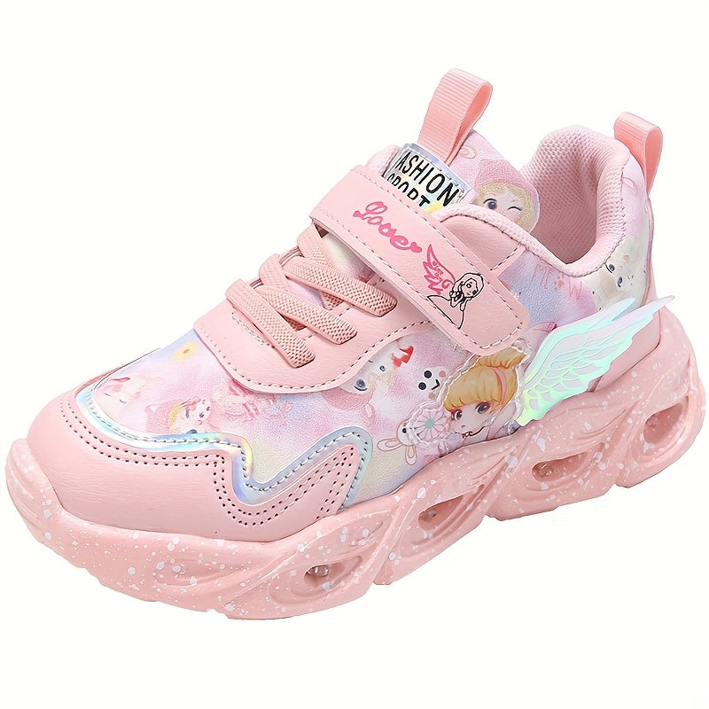 Girls' Halloween Dream Angel Wings Glowing Sneakers, Cartoon Princess Style Mesh Casual Shoes, Lightweight Soft Material Comfortable Fit Campus Running Shoes, New Summer Autumn All-Season Wear