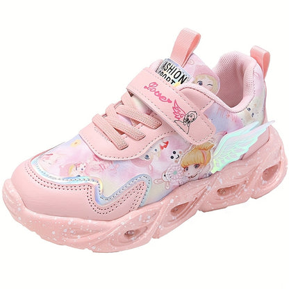 Girls' Halloween Dream Angel Wings Glowing Sneakers, Cartoon Princess Style Mesh Casual Shoes, Lightweight Soft Material Comfortable Fit Campus Running Shoes, New Summer Autumn All-Season Wear