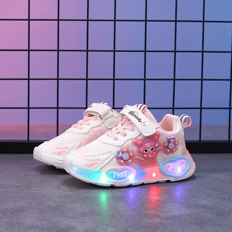 Girls' Glowing Lights Shoes with -Free Heel Strap - Sparkling Princess Sneakers, Cute Bear & Pink Bow Design, Low-Top Lace-Like Closure (No Laces), PU/PVC/ Sole for 1-6 Years - All-Season Running & Party Shoes, Cheer Shoes, C