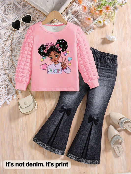 Girls' 2-piece set, fashionable and simple Spring and Autumn style, girls' printed round neck long sleeves+imitation denim bow printed elastic waist pants, comfortable and versatile elementary school students' casual style, P