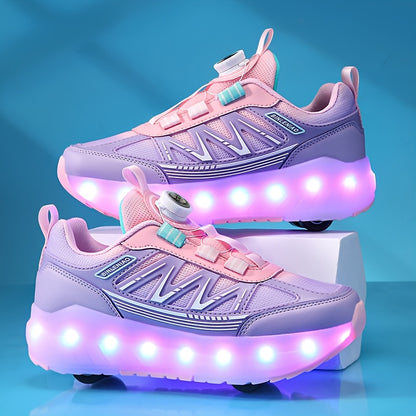 LED Light-Up Girls' Roller Skates with Rotating Brightness & Detachable Wheels - USB Rechargeable Low-Top Sneakers, Adjustable Straps, TPR Sole for All-Season Casual Sports & Rollerblading, Shoes for Girls, Sleek Shoe Design,