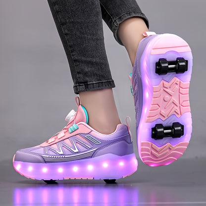 LED Light-Up Girls' Roller Skates with Rotating Brightness & Detachable Wheels - USB Rechargeable Low-Top Sneakers, Adjustable Straps, TPR Sole for All-Season Casual Sports & Rollerblading, Shoes for Girls, Sleek Shoe Design,