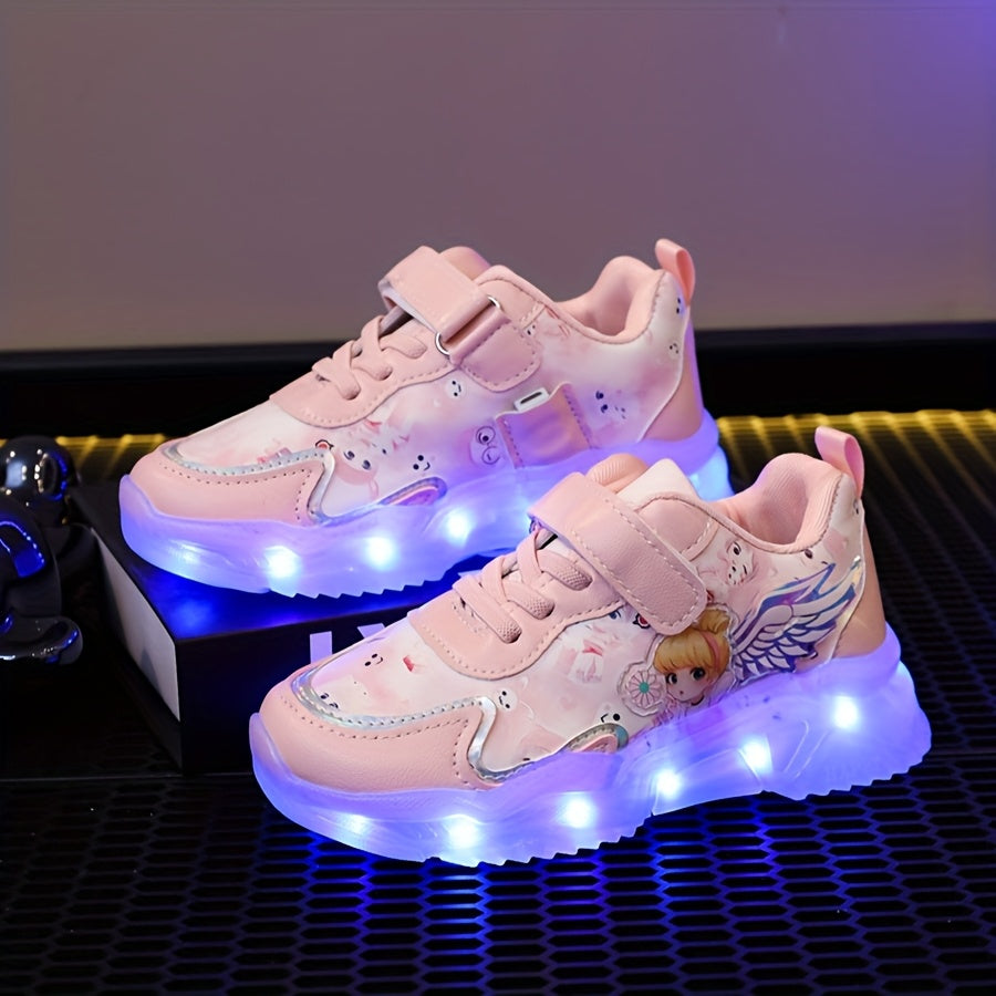 Girls & Glowing LED Sneakers with USB Charging, Low-Top Light-Up Shoes with Heart & Star Patterns, Pastel Pink/Clear Light Effects, Breathable PU Mesh & Cushioned TPR Sole for Nighttime Play,, - Magical Glow-in-the-Dark Shoes