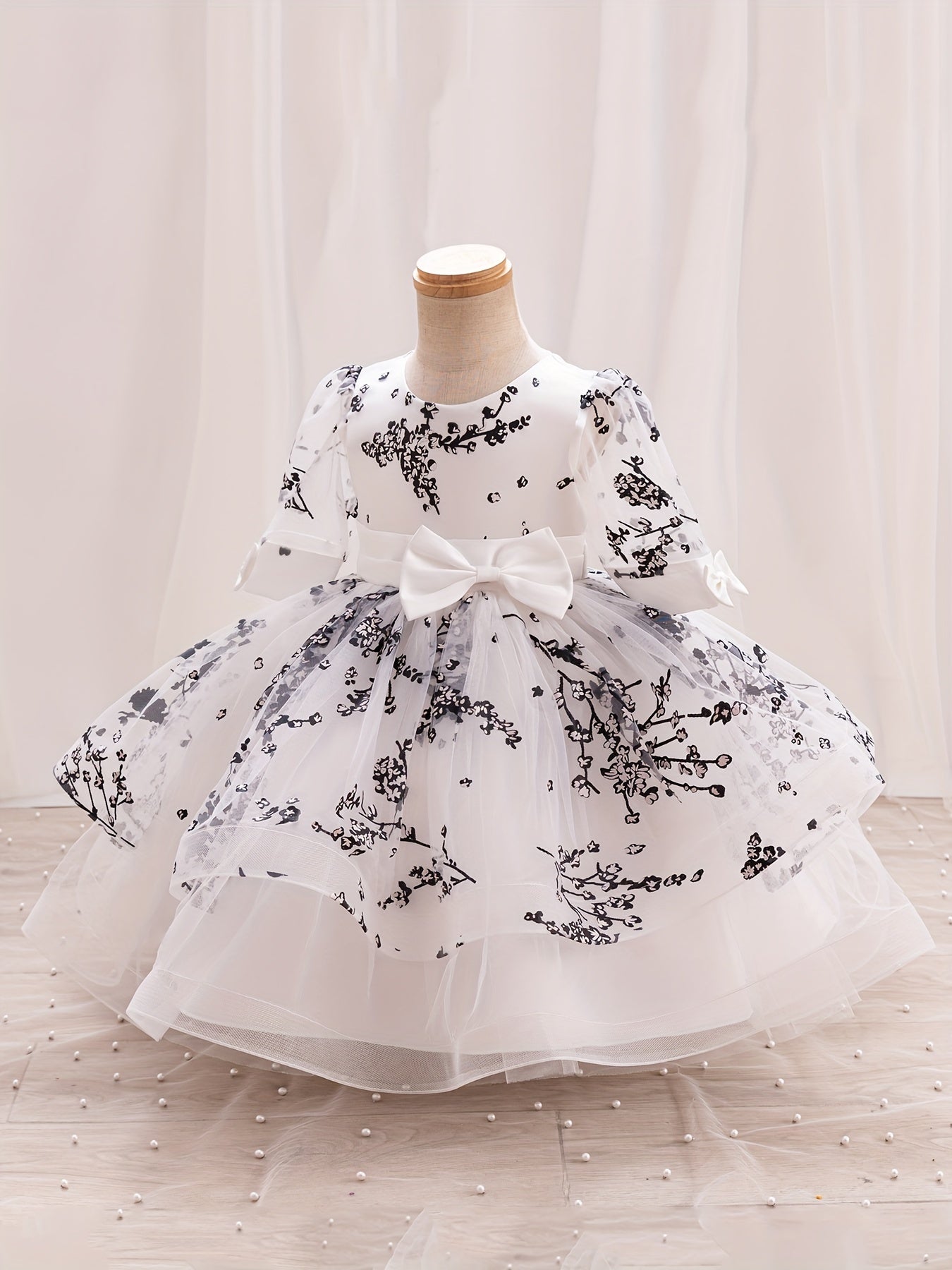 Girls' Summer New Puff Sleeve High-End Dress with Bow, Elegant Princess Dress, Christmas Dress, Christmas Gift