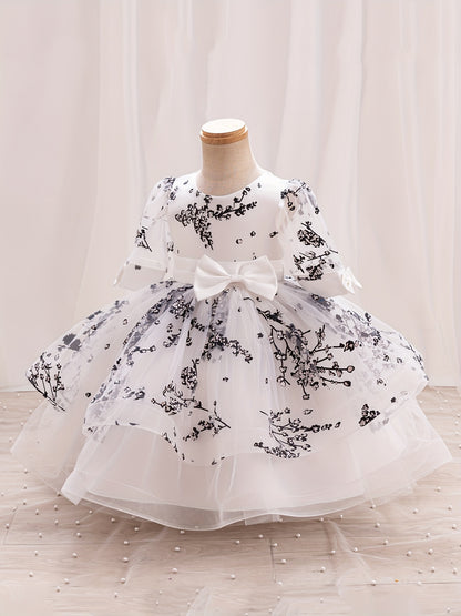 Girls' Summer New Puff Sleeve High-End Dress with Bow, Elegant Princess Dress, Christmas Dress, Christmas Gift
