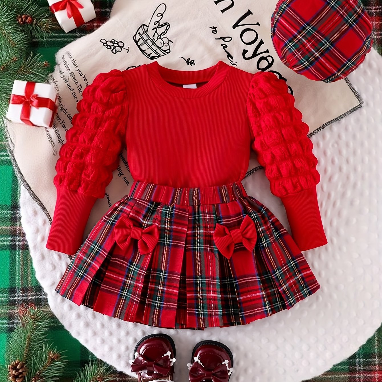 Girls' Red Bubble Long Sleeve Top and Double Bow Red Plaid Skirt with Hat Casual Performance Outfit Three-Piece Set, Perfect for Outdoor, Perfect for, Christmas Clothes Kids