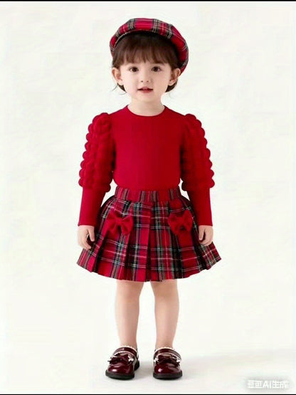 Girls' Red Bubble Long Sleeve Top and Double Bow Red Plaid Skirt with Hat Casual Performance Outfit Three-Piece Set, Perfect for Outdoor, Perfect for, Christmas Clothes Kids