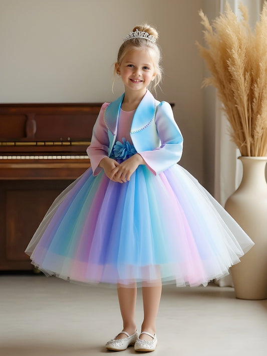 Girl's Autumn New Arrival Dress Set, Novelty Jacket for Special Occasions, Colorful Dress with Turn- Collar and Fringe, Versatile Top for Spring/Autumn, Party, Dance, Carnival, Festival, Concert, Stylish Handmade 3D Flower Ra