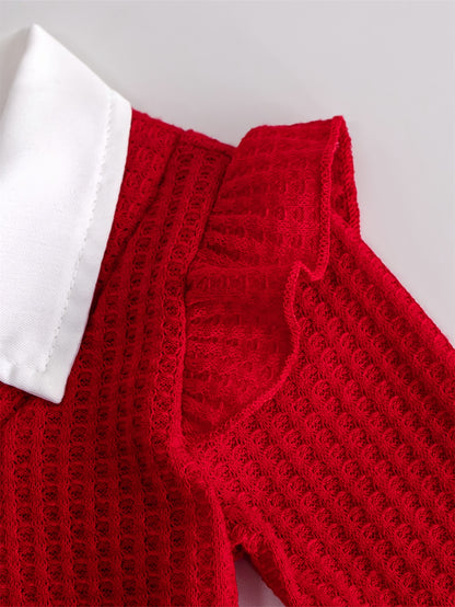 Girls' Autumn Winter Casual Faux Two-Piece Long Sleeve Shirt with Turn- Collar and Embroidered Cherry Jeans Pants, Comfortable Soft Light Beige-Friendly Fabric Trendy Versatile Outfit for Sports Vacation Party Wear Perfect Gi