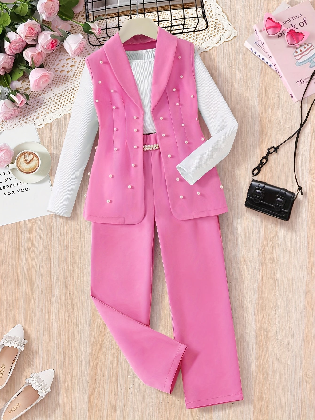 3pcs Set, Spring and Autumn Girls' Fashion Outfit with Beaded Jacket + Camisole Top + Slim Fit Straight Pants, Suitable for 8-12 Years Old Kids Girls Outdoor Wear, for Outdoor