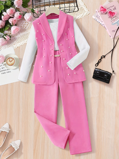 3pcs Set, Spring and Autumn Girls' Fashion Outfit with Beaded Jacket + Camisole Top + Slim Fit Straight Pants, Suitable for 8-12 Years Old Kids Girls Outdoor Wear, for Outdoor