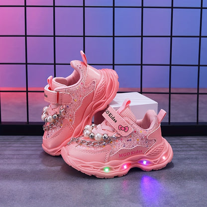 MGO Kidss Girls' LED Light-Up Sneakers with Beads & Bows - Glowing Shoes for Night Walks, Parties, - Low-Top Sparkling Dance Shoes (Pink/Purple) Ages 1-6 Years, Easy Closure, PU/PVC/ (-Free)