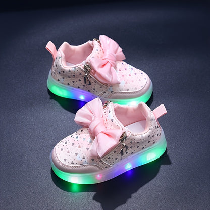 Girls' LED Light-Up Sneakers with Double Zipper Closure, Pastel Blue & Pink Glittery Design, Comfortable Low-Top Shoes for Youngsters & Toddlers - All-Season Casual & Party Wear, Shoes for Girls, Youngsters'S Footwear, Playfu