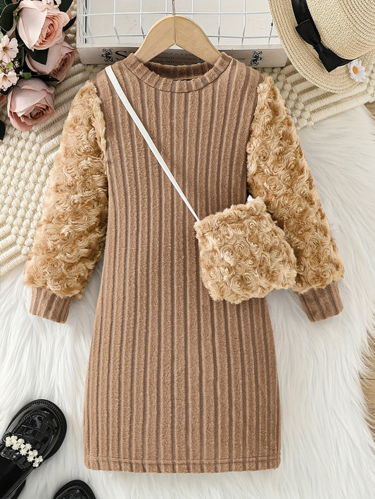 Girl's Round Neck Long Sleeve Dress with Rose Bud Pattern Fuzzy Sleeves and Bag, Suitable for Spring and Autumn Outdoor Casual Wear