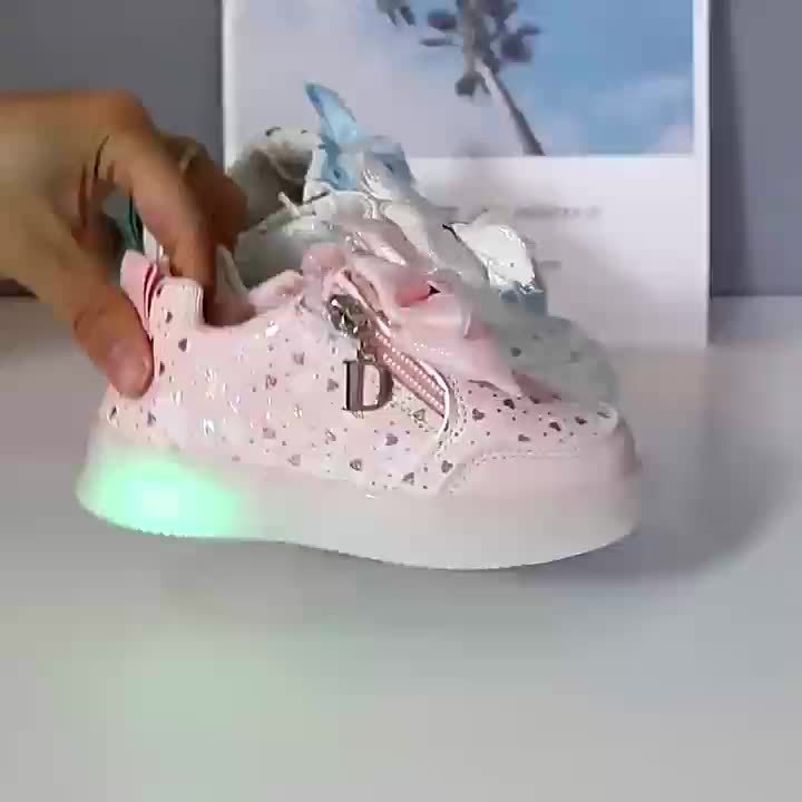 Girls' LED Light-Up Sneakers with Double Zipper Closure, Pastel Blue & Pink Glittery Design, Comfortable Low-Top Shoes for Youngsters & Toddlers - All-Season Casual & Party Wear, Shoes for Girls, Youngsters'S Footwear, Playfu