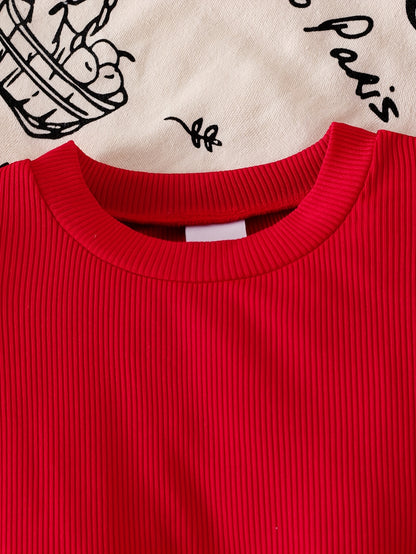 Girls' Red Bubble Long Sleeve Top and Double Bow Red Plaid Skirt with Hat Casual Performance Outfit Three-Piece Set, Perfect for Outdoor, Perfect for, Christmas Clothes Kids