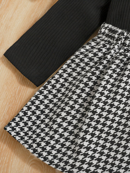 Girls' Three-Piece Set Ribbed Mid-Calf Long Sleeve Top + Houndstooth Skirt + Beret Hat, Perfect for Outdoor