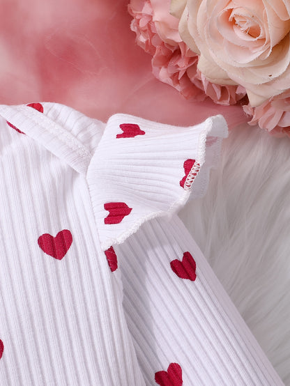 Girls' Love Print Ruffle Sleeve Top Double Skirt Overalls with Bow Headband Three-Piece Set, for Outdoor