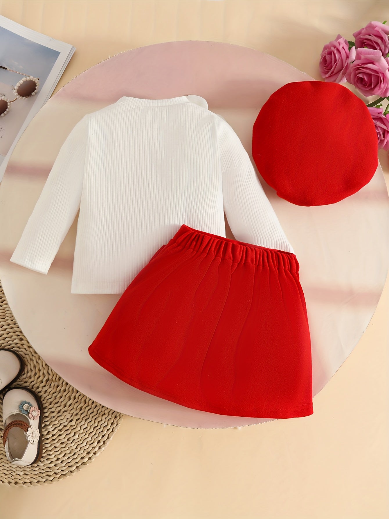 3pcs Girls' Elegant Tweed Outfit Set with Ruffled Sleeve Blouse, A-Line Skirt & Bow & Pearl-Adorned Hat - Soft Pink Winter Clothes for to 12m, Hand Washable Layered Dress for Everyday & Special Occasions, Semi- Round Neck Lon