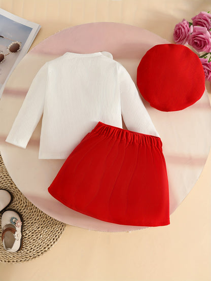 3pcs Girls' Elegant Tweed Outfit Set with Ruffled Sleeve Blouse, A-Line Skirt & Bow & Pearl-Adorned Hat - Soft Pink Winter Clothes for to 12m, Hand Washable Layered Dress for Everyday & Special Occasions, Semi- Round Neck Lon