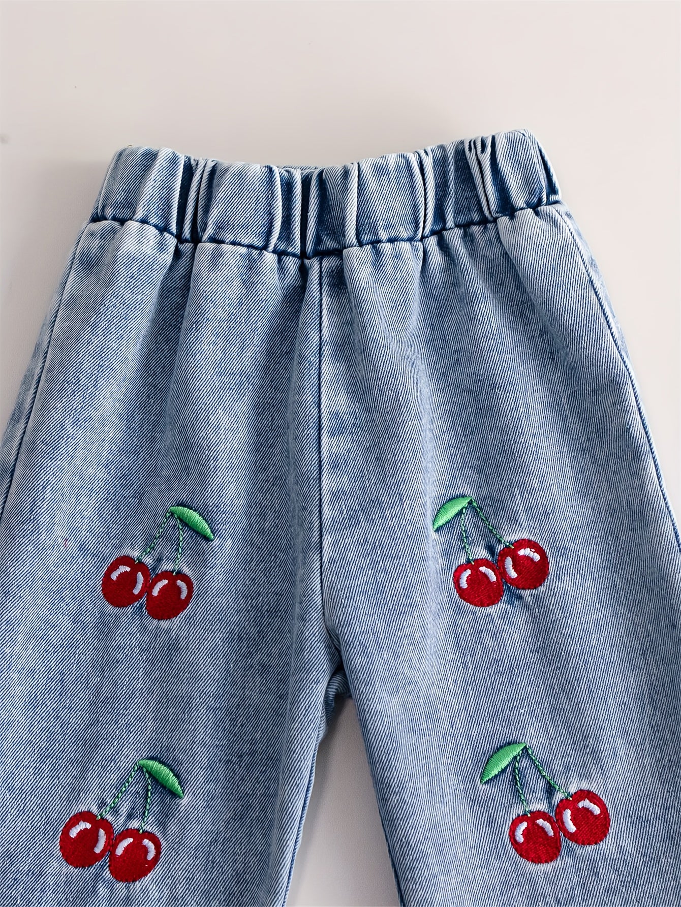 Girls' Autumn Winter Casual Faux Two-Piece Long Sleeve Shirt with Turn- Collar and Embroidered Cherry Jeans Pants, Comfortable Soft Light Beige-Friendly Fabric Trendy Versatile Outfit for Sports Vacation Party Wear Perfect Gi