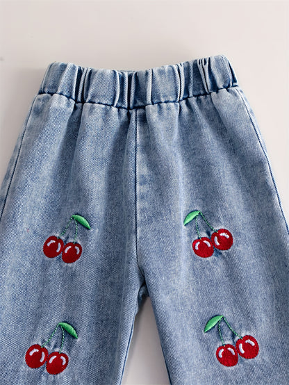 Girls' Autumn Winter Casual Faux Two-Piece Long Sleeve Shirt with Turn- Collar and Embroidered Cherry Jeans Pants, Comfortable Soft Light Beige-Friendly Fabric Trendy Versatile Outfit for Sports Vacation Party Wear Perfect Gi