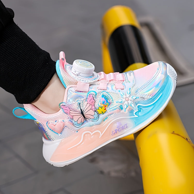 Trendy Iridescent Girls' Sneakers with Colorful Butterfly & Flower Design - Breathable Mesh Upper, EVA Sole, Cute Low-Top Sneakers for Youngsters, Girls' Sneakers | Playful Footwear | EVA Sole Sneaker