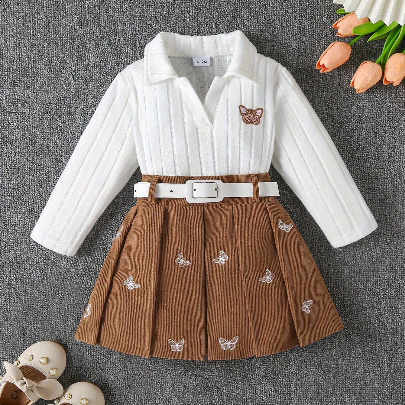 Girls' White Ribbed Knit Long Sleeve Top with Brown Pleated Skirt & Belt - Cute V-Neck Blouse, Soft Stretchy Fabric, Perfect for Fall/Winter Outings, Baby Girl Outfit, Perfect for Outdoor, Perfect for, for Outdoor, and specia