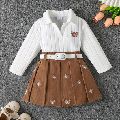 Girls' White Ribbed Knit Long Sleeve Top with Brown Pleated Skirt & Belt - Cute V-Neck Blouse, Soft Stretchy Fabric, Perfect for Fall/Winter Outings, Baby Girl Outfit, Perfect for Outdoor, Perfect for, for Outdoor, and specia