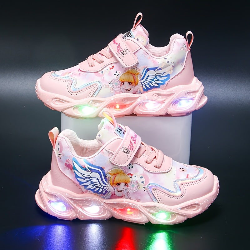 Girls' Halloween Dream Angel Wings Glowing Sneakers, Cartoon Princess Style Mesh Casual Shoes, Lightweight Soft Material Comfortable Fit Campus Running Shoes, New Summer Autumn All-Season Wear