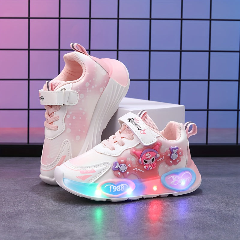 Girls' Glowing Lights Shoes with -Free Heel Strap - Sparkling Princess Sneakers, Cute Bear & Pink Bow Design, Low-Top Lace-Like Closure (No Laces), PU/PVC/ Sole for 1-6 Years - All-Season Running & Party Shoes, Cheer Shoes, C