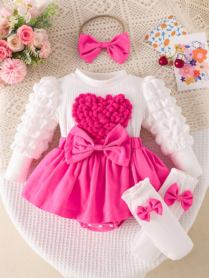 Baby Girl'S Heart & Bow Print Bodysuit with Ruffled Sleeves & Bow Detail - Long Sleeve Winter Outfit, Soft Pink & Color Block, Perfect for Fall/Winter, for Outdoor