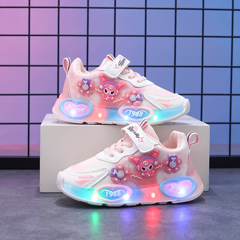 Girls' Glowing Lights Shoes with -Free Heel Strap - Sparkling Princess Sneakers, Cute Bear & Pink Bow Design, Low-Top Lace-Like Closure (No Laces), PU/PVC/ Sole for 1-6 Years - All-Season Running & Party Shoes, Cheer Shoes, C