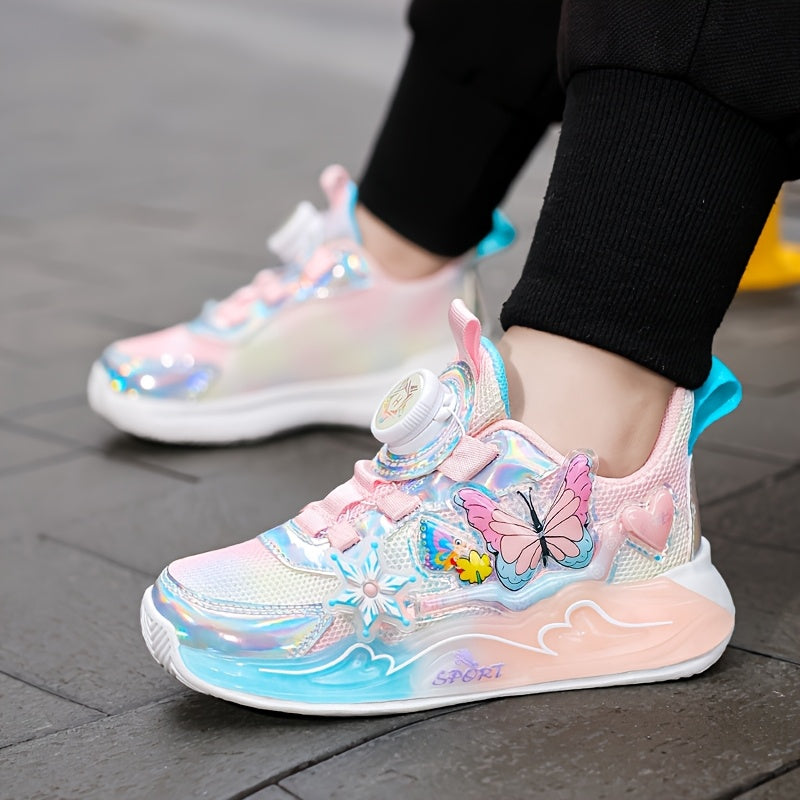 Trendy Iridescent Girls' Sneakers with Colorful Butterfly & Flower Design - Breathable Mesh Upper, EVA Sole, Cute Low-Top Sneakers for Youngsters, Girls' Sneakers | Playful Footwear | EVA Sole Sneaker