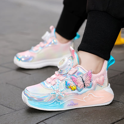 Trendy Iridescent Girls' Sneakers with Colorful Butterfly & Flower Design - Breathable Mesh Upper, EVA Sole, Cute Low-Top Sneakers for Youngsters, Girls' Sneakers | Playful Footwear | EVA Sole Sneaker