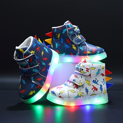 2025 New Kids' Colorful Dinosaur Glow-in-the-Dark Casual Sneakers, Cool Style, Dino Shoes for Kids, 's Sneakers, Everyday Kids Shoes, Playful Footwear, Fun Cartoon Design, Comfortable Fit, Durable Kids Shoes, Round Toe Shoes,