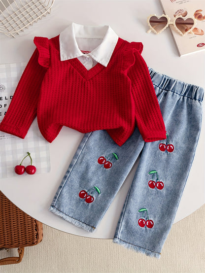 Girls' Autumn Winter Casual Faux Two-Piece Long Sleeve Shirt with Turn- Collar and Embroidered Cherry Jeans Pants, Comfortable Soft Light Beige-Friendly Fabric Trendy Versatile Outfit for Sports Vacation Party Wear Perfect Gi