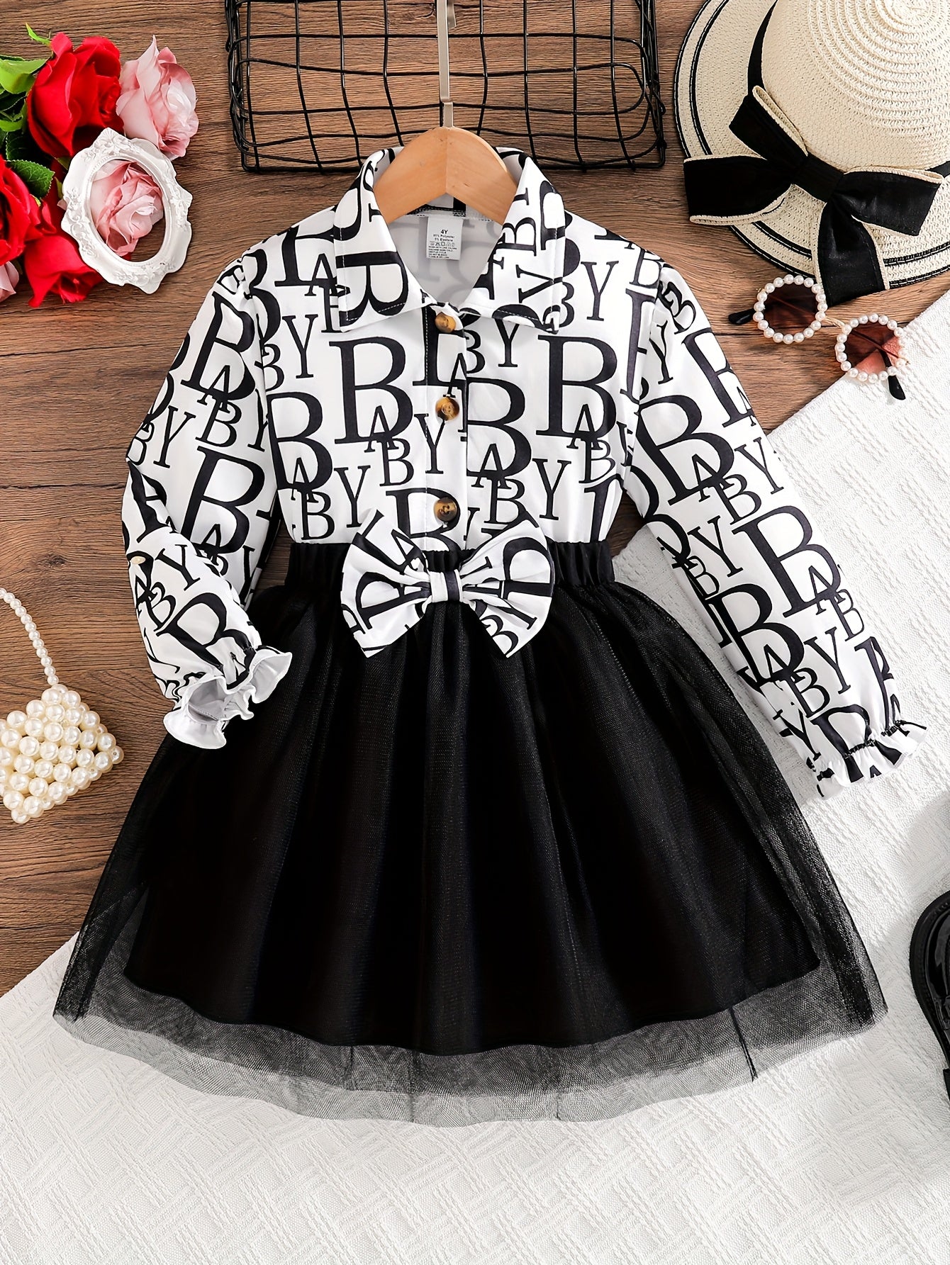 2pcs Set Girls' Trendy Long-Sleeve Shirt + Elastic Waist Mesh Skirt Spring/Autumn Fashion Street Style Letter Print Shirt with Bow Detail Short Dress Two-Piece Flounce Collar Button-Up Cardigan Puff Sleeve Princess Dress Soft