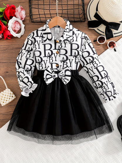 2pcs Set Girls' Trendy Long-Sleeve Shirt + Elastic Waist Mesh Skirt Spring/Autumn Fashion Street Style Letter Print Shirt with Bow Detail Short Dress Two-Piece Flounce Collar Button-Up Cardigan Puff Sleeve Princess Dress Soft