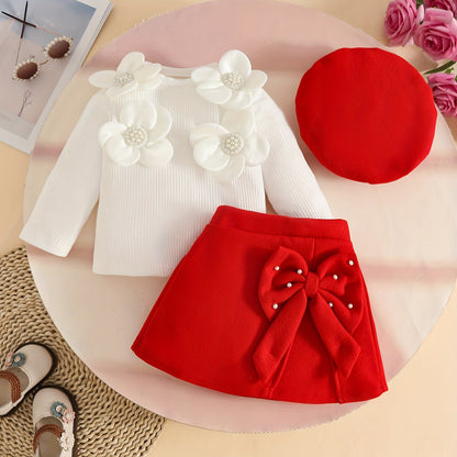 3pcs Girls' Elegant Tweed Outfit Set with Ruffled Sleeve Blouse, A-Line Skirt & Bow & Pearl-Adorned Hat - Soft Pink Winter Clothes for to 12m, Hand Washable Layered Dress for Everyday & Special Occasions, Semi- Round Neck Lon