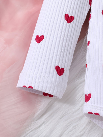 Girls' Love Print Ruffle Sleeve Top Double Skirt Overalls with Bow Headband Three-Piece Set, for Outdoor