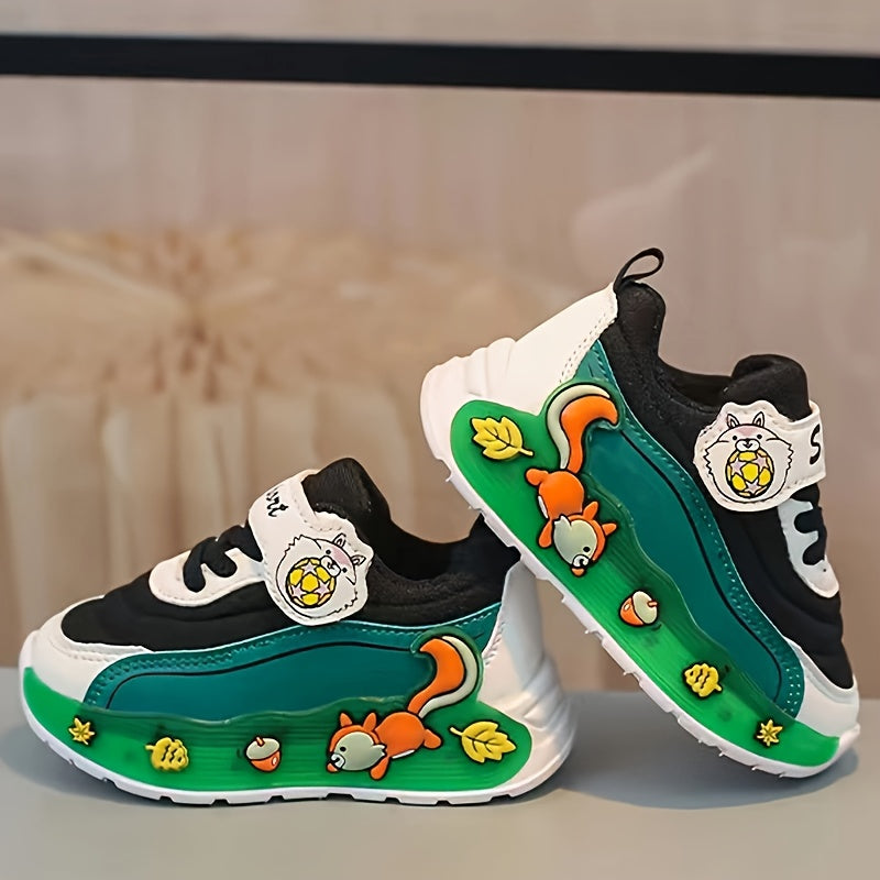 Girls' LED -Up Sneakers with Glowing Soles & Cute Squirrel/Mushroom/Tomato Print - Multicolor Low-Top Closure Sparkling Shoes for Parties,, Casual Attire - All-Season Kids' Flash Shoes (Pink/Green/White)