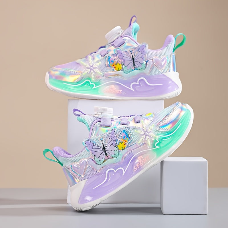 Trendy Iridescent Girls' Sneakers with Colorful Butterfly & Flower Design - Breathable Mesh Upper, EVA Sole, Cute Low-Top Sneakers for Youngsters, Girls' Sneakers | Playful Footwear | EVA Sole Sneaker